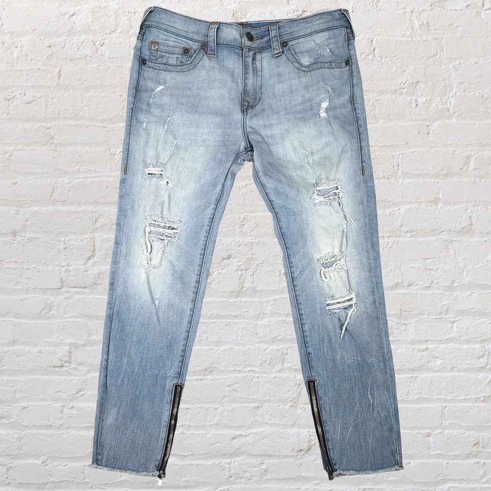 TRUE RELIGION Finn Slim Tapered Jeans Size 32x28 Distressed Ankle Zippers Frayed